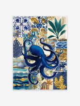 Blue octopus illustration on a collage background with blue tiles, gold coral, shells, and sea plants