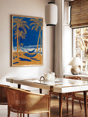 Tropical beach poster with blue ocean, orange palm trees, and hammocks on a sandy shore under a clear sky. - Image 2