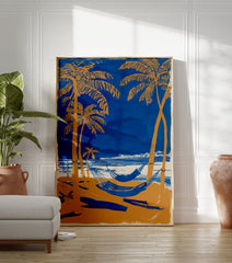 Tropical beach poster with blue ocean, orange palm trees, and hammocks on a sandy shore under a clear sky. - Image 3