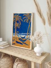 Tropical beach poster with blue ocean, orange palm trees, and hammocks on a sandy shore under a clear sky. - Image 4