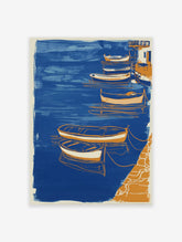 Blue and orange boat poster depicting a coastal harbor scene with several small boats tied to a dock.