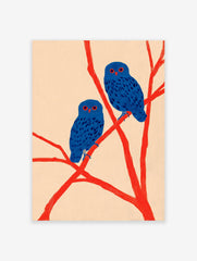 Two blue owls with red eyes perch on bright red branches against a light background, in a modern illustration wall art print.