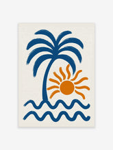 Blue palm tree poster with orange sun and wavy ocean lines on textured paper
