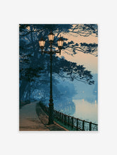 Blue park poster of a vintage lamppost beside a misty lake with silhouetted trees at twilight