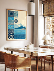 Blue pattern and landscape poster featuring various abstract designs, mandala, mountains, a town, and a textured sea. - Image 2