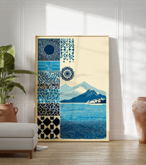 Blue pattern and landscape poster featuring various abstract designs, mandala, mountains, a town, and a textured sea. - Image 3