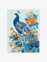 Blue peacock and orange and blue floral illustration poster with gold accents on a light blue background.
