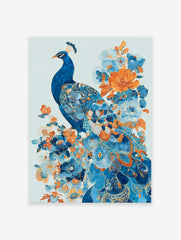 Blue peacock and orange and blue floral illustration poster with gold accents on a light blue background.