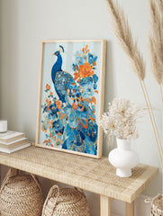Blue peacock and orange and blue floral illustration poster with gold accents on a light blue background. - Image 4