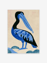 Blue pelican illustration with long beak and patterned feathers on beige background