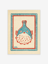 Blue pufferfish poster with red fins inside a bottle shape, red and blue striped border on cream background