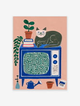 Blue retro TV with green maze screen, grey and white cat, books and plant on top, pink background