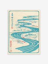 Blue river woodblock print with winding stream, red blossoms, and kanji calligraphy on cream background