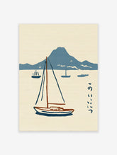 Minimalist sailboat poster with blue mountains, sea, and Japanese characters on beige background
