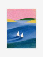 Blue sailing boat poster with two white sails on water, green hills, yellow shores, and pink sky