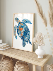 Blue sea turtle poster with intricate orange patterns, waves, fish, and constellations on a white background. - Image 4
