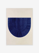 Textured deep blue semi-circle abstract art print with vertical and radiating lines on a light background