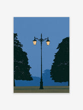 Blue silhouette poster of an ornate street lamp with two glowing lanterns between dark trees at twilight