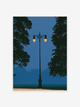 Vintage street lamp with two lit lanterns between dark tree silhouettes on a deep blue evening sky poster