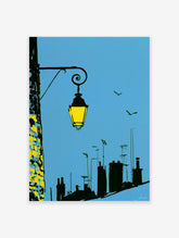 Blue sky poster with yellow lantern, black spiral bracket, silhouette rooftops, and two birds in flight
