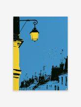 Blue sky poster with yellow street lantern, black rooftops, and birds
