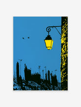 Blue sky poster with yellow street lantern, black rooftop silhouettes, and two birds in flight