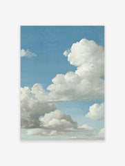 Close-up of a painting depicting a vast blue sky filled with large, fluffy white and grey cumulus clouds