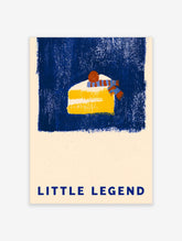 Slice of yellow cake with blue and orange scarf and cherry on navy background, Little Legend text poster
