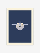 Satellite with solar panels crossing a full moon on a navy blue background space poster