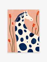 Stylised white horse with navy blue spots and dark mane on peach pink background with red flowers