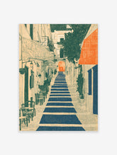 Blue striped staircase in a Mediterranean alley with orange archway and awning, white walls, green foliage