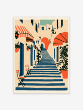 Blue staircase art print with orange awnings and plants in a Mediterranean village scene