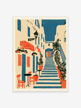 Blue staircase leading to arched door, orange cafe chairs and plants, Mediterranean village art print