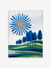 Abstract landscape art print with blue sun, blue trees on green hills, and layered fields