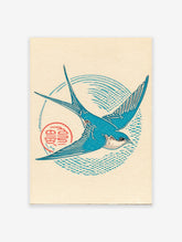 Blue swallow bird linocut style art print with a red cultural symbol on a light background, perfect for avian enthusiasts.