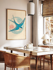 Blue swallow bird linocut style art print with a red cultural symbol on a light background, perfect for avian enthusiasts. - Image 2