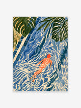 Blue swimming pool poster with a lone swimmer in a red cap and orange costume, surrounded by rippling water and palm leaves