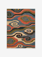 Blue and red abstract swirl art print with layered wave bands and spiral motifs