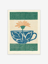 Blue teacup flower poster with peach daisy and green bands on cream background