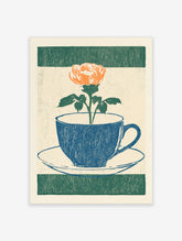 Blue teacup with orange rose and green leaves on cream background, botanical art print