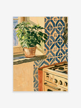 Gouache-style poster of a potted plant on a ledge beside blue patterned tiles and a cream stove