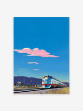 Blue train poster with silver retro locomotive, pink clouds, and purple mountains in a desert landscape