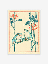 Blue tree frog art print with two frogs on bamboo, red spider lily flowers, and teal leaves