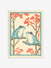 Blue tree frog poster with two red-eyed frogs on branches and red leaves in Japanese woodblock style