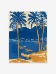 Blue and orange tropical landscape poster with palm trees, boats on water, and mountains in the background.