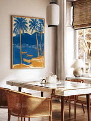 Blue and orange tropical landscape poster with palm trees, boats on water, and mountains in the background. - Image 2