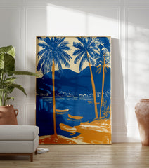Blue and orange tropical landscape poster with palm trees, boats on water, and mountains in the background. - Image 3