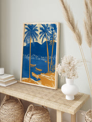 Blue and orange tropical landscape poster with palm trees, boats on water, and mountains in the background. - Image 4