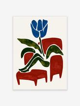 Blue tulip flower poster with abstract green leaves and red shapes on cream background
