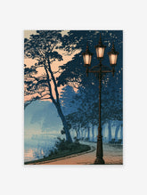Blue twilight park poster with vintage lamppost, silhouetted trees, and misty lake